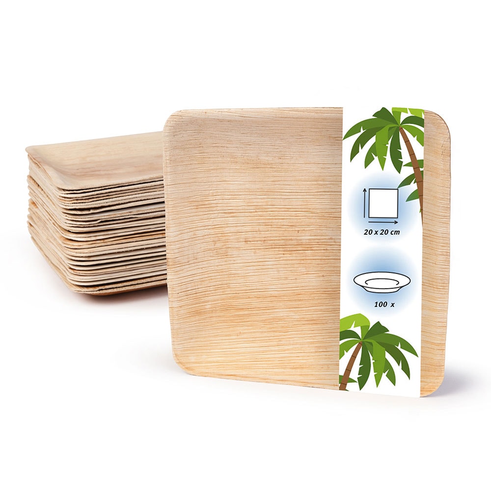 onlyleaf 100 Stück Einwegteller 20x20 cm Palmblatt-Teller, quadratisch, biologisch abbaubar, umweltfreundlich, kompostierbar, Wegwerfteller