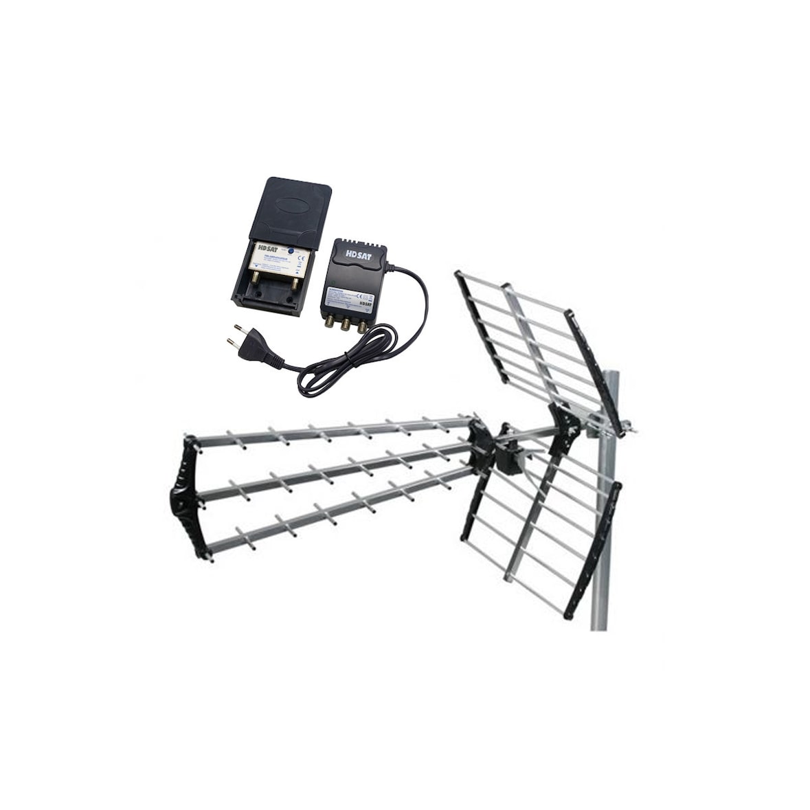 Antenne Tnt Trinappe Gain 18db Uhf Rateau + Kit Preamplificateur De Mat 5g Tnt Uhf + Alim 12v 2 Sorties - Gain 38db Usage Non Intensif Hdsat