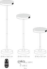 Drei Stehlampen mit Fernbedienung und USB-C-Kabel.