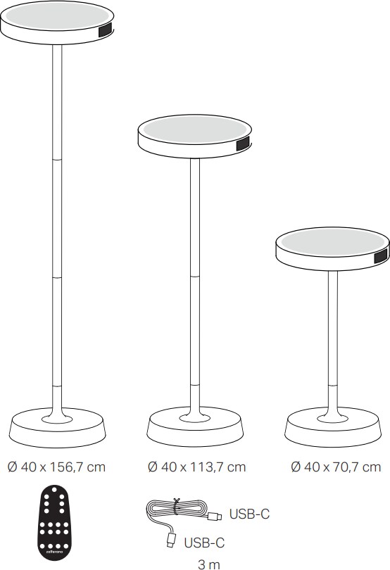 Drei Stehlampen mit Fernbedienung und USB-C-Kabel.