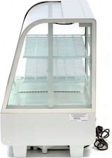 thumbnail of Romux® Kühlvitrine Weiß 2 Fachböden mit 2 Schiebetüren 100 Liter Zwangslufkühlung | Tischkühlvitrine Gebogenes Glas