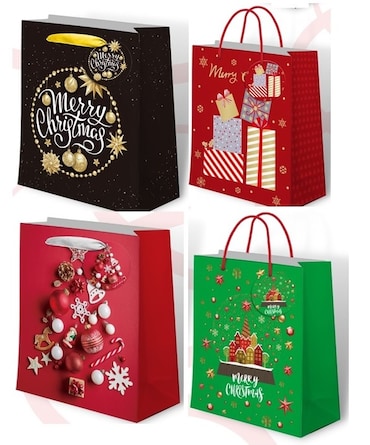 Gifty king, sacchetti regalo di natale taglia XL, in carta certificata fsc 180gr, 30.5x43x13, conf. da 12 pezzi, 4 modelli assortiti, multicolore.