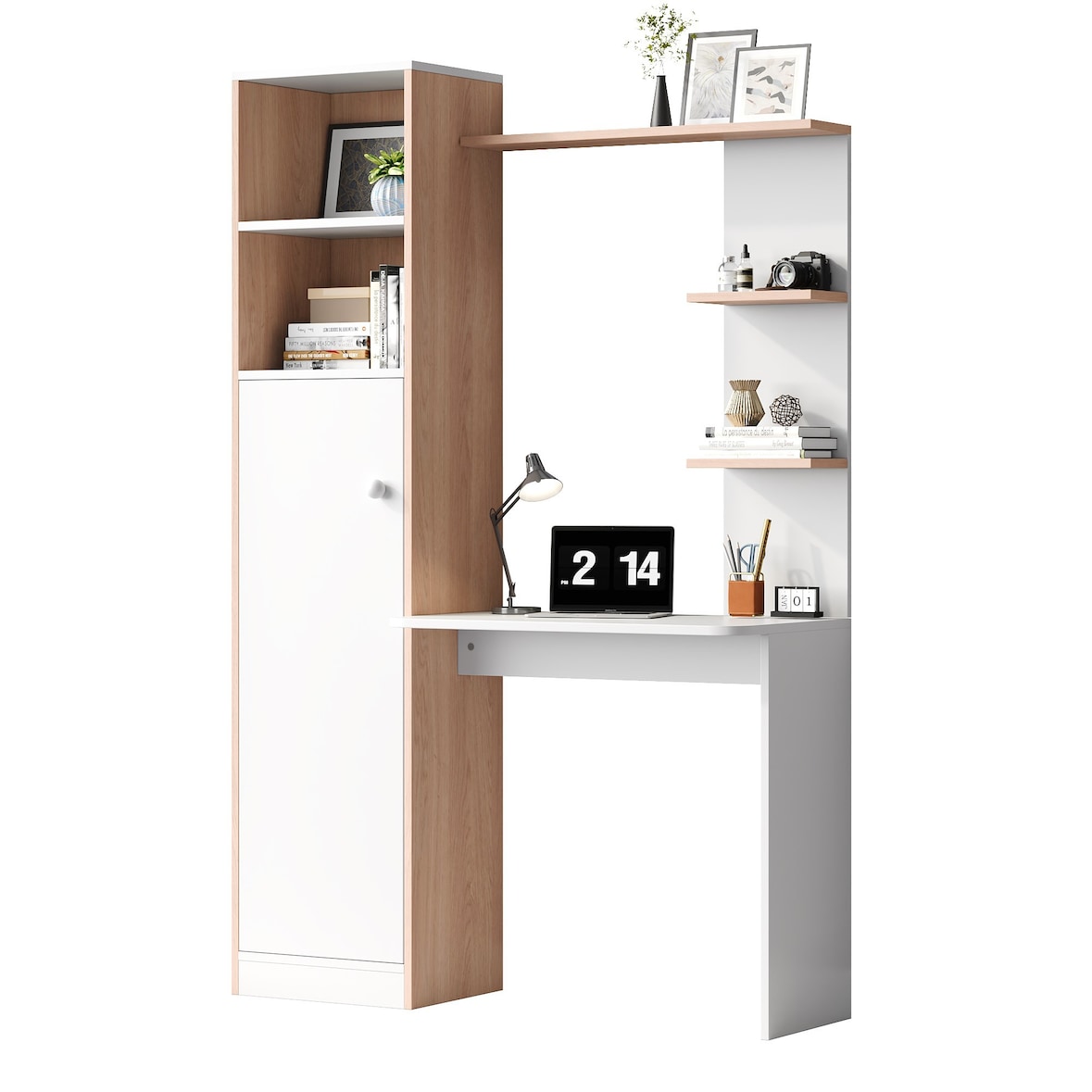 Merax Schreibtisch mit Aufbewahrung, unterer Schrank mit Türen & oberes offenes Regal, 123.5x45x168.5 cm, Weiß/Stabholz-Kontrast