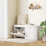thumbnail of HOMCOM banco zapatero mueble zapatero banco recibidor con asiento acolchado 2 cajones abatibles y panel de tablillas 104x26x47,5 cm blanco