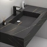 thumbnail of Modernes wandhängendes Badezimmermöbel-Set mit schwarzem Sinterstein-Waschbecken, rundem Spiegel, Unterschrank und Ablaufgarnitur 120×55 cm【HT72-120】