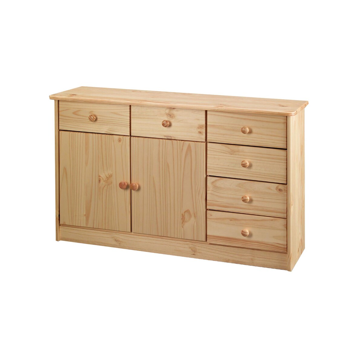 Möbilia Kommode | mit 2 Türen, 6 Schubladen | Kiefer-Holz | B 118 x T 35 x H 75 cm | 19020060 | natur lackiert | Serie KOMMODE