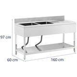 thumbnail of Helloshop26 - Professionele roestvrijstalen spoelbak met 2 bassins 160 x 60 x 97 cm zilverkleurig roestvrij staal 14_0009565