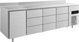 thumbnail of Gastro Kühltisch 1 Tür links je 3 Schubladen mittig&rechts Umluftkühlung Aufkantung, 2330x700x850mm -2/+8°C 632l