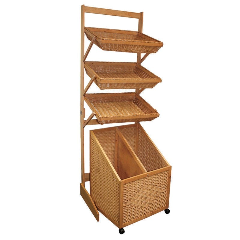 PROLINEA Présentoir boulangerie bois osier 3 corbeilles et son bac 2 compartiments sur roulettes 73x60x211 cm