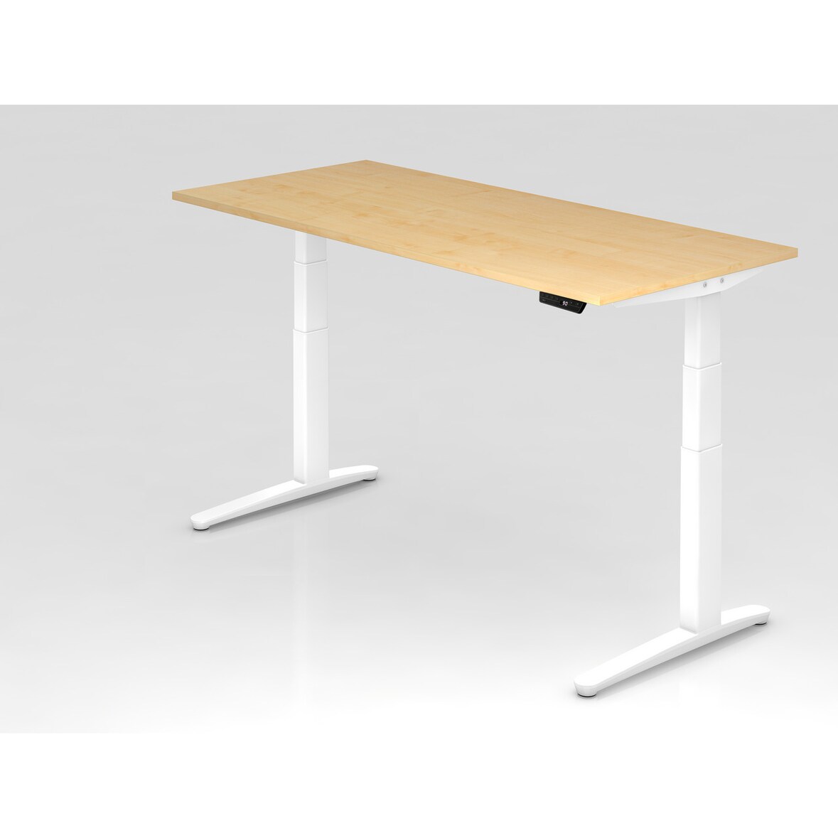 PROREGAL Sitz-Steh-Schreibtisch Pekka | Ahorn | Weißes GestellBxT 180x80cm | Höhe 65-130cm | elektrisch stufenlos höhenverstellbar | C-Fuß Gestell