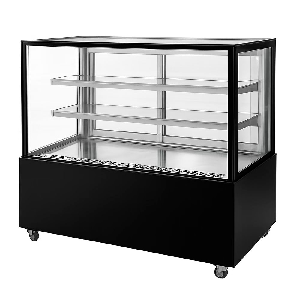Romux® Kühlvitrine für Konditorei Quadratisch Standgerät 2 Böden Schwarz 300 Liter Umluftkühlung | Kühlvitrine Gerade Glasscheiben