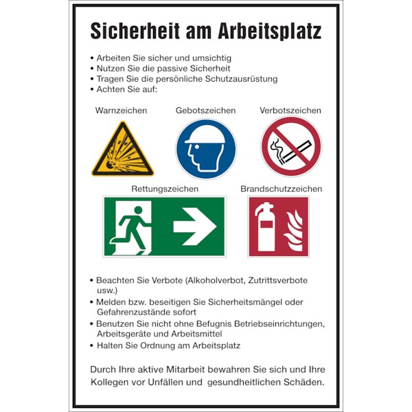 Aushang, Sicherheit am Arbeitsplatz - ISO 7010 - 400x600x0.6 mm Aluminium glatt