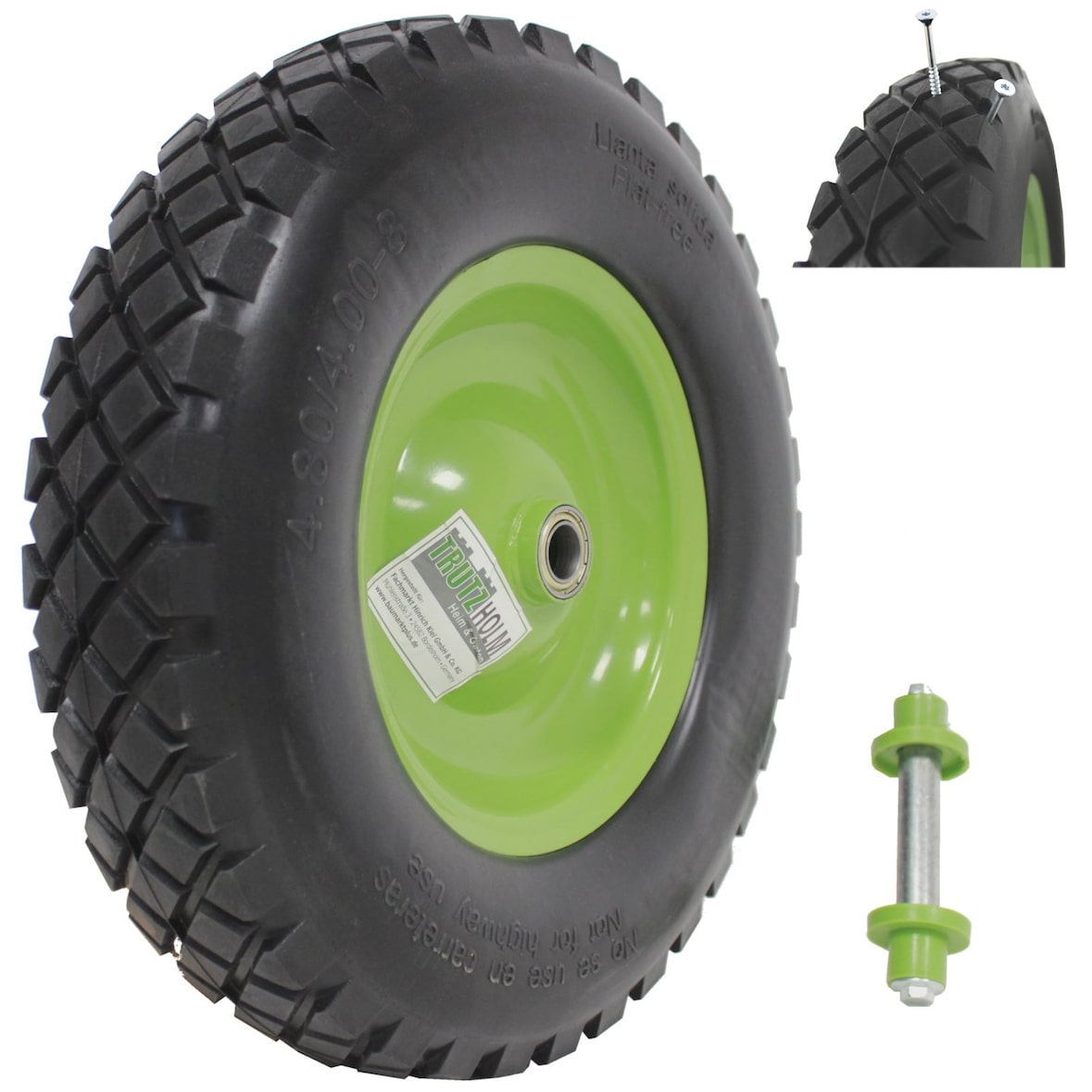 Schubkarrenrad grün/Schwarz Vollgummi 4.80/4.00-8 + Achse Ersatzrad Reifen Schiebkarre PU