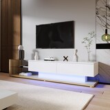 thumbnail of TV-Schrank 170x36x38cm mit LED Beleuchtung, Hochglanz TV Lowboard modern mit Glasregalen und Schubladen, Wohnzimmermöbel Weiß Holz