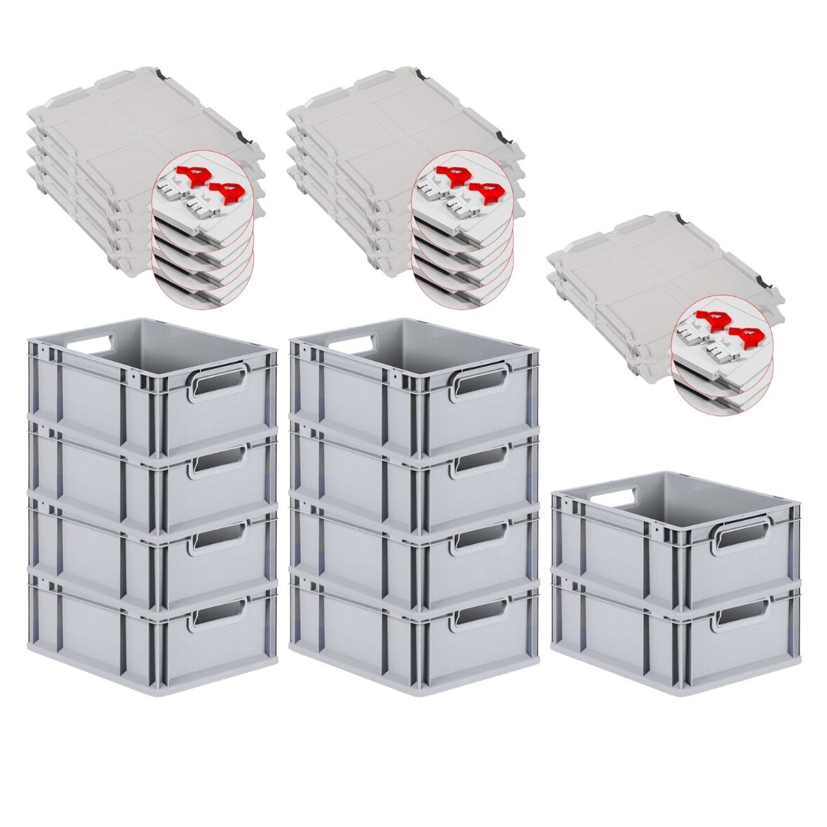 PROREGAL 10x Eurobox NextGen Grip mit Scharnierdeckel & roten Verschlüssen | HxBxT 17x30x40cm | 16 Liter | Griffe offen | Glatter Boden