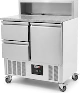 thumbnail of Romux® Saladette und Pizzatisch 1 Tür und 2 Schubladen 90x70 cm 220 Liter Fassungsvermögen für Behälter | Kühltisch von Pizzen und Salaten