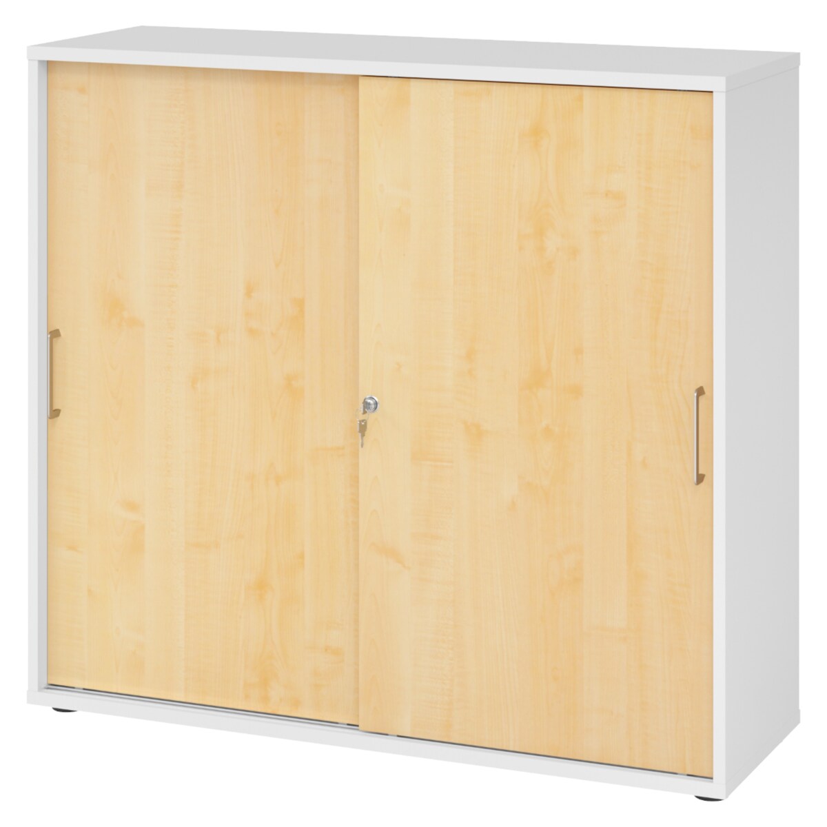 bümö Schiebetürenschrank 3OH - Aktenschrank abschließbar, Sideboard Schrank mit Schiebetüren in Weiß/Ahorn, Bügelgriff - Büroschrank aus Holz mit