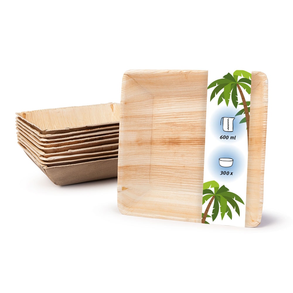 onlyleaf 300 Stück quadratische Einwegschalen Palmblattschalen 600 ml für Partys, umweltfreundliches Biogeschirr, Einmalgeschirr, biologisch abbaubar