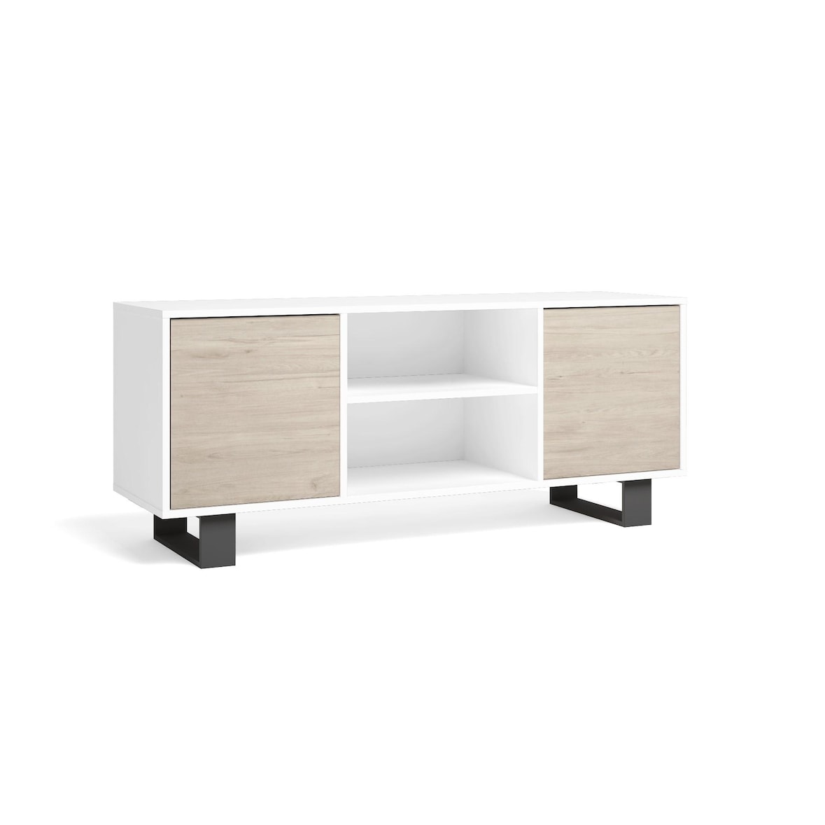 TV-Schrank 140 mit 2 Türen, Wohnzimmer, Modell WIND, Strukturfarbe Weiß, Türen Farbe Eiche, Maße 137x40x57cm hoch. _ TV140WINDBLROTALL