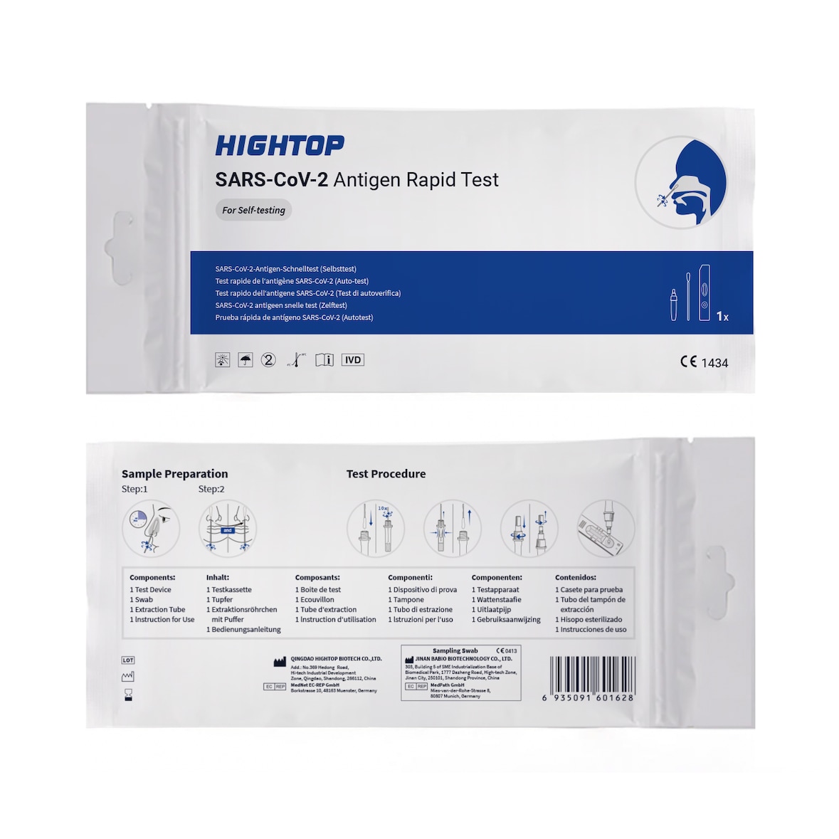 1x HIGHTOP , einzeln verpackt (1VPE), CE1434, SARS-CoV-2-Antigen-Schnelltest, Softpack, Nasenabstrich, Laientest / Selbsttest
