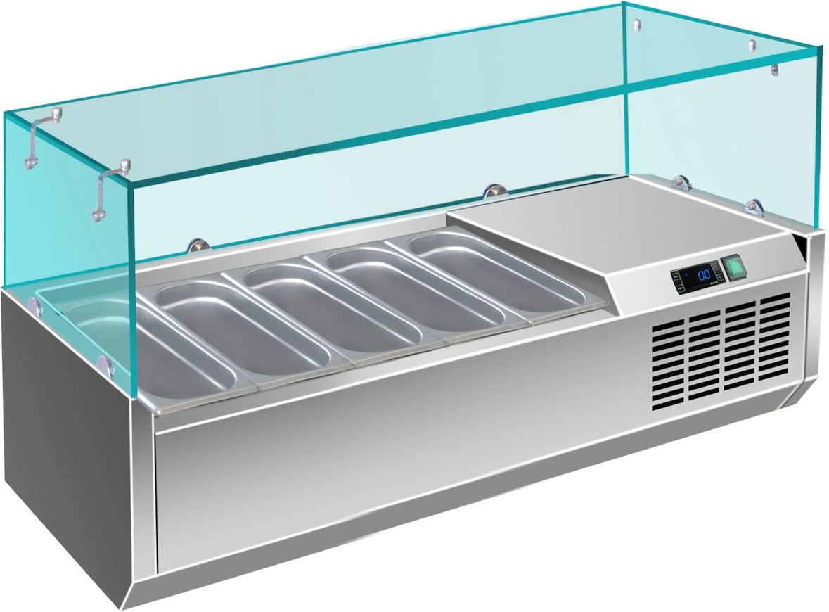 Gastro Edelstahl Kühlaufsatz Aufsatzkühlvitrine Pizzakühlaufsatz 5 x 1/4 GN mit Glasaufsatz