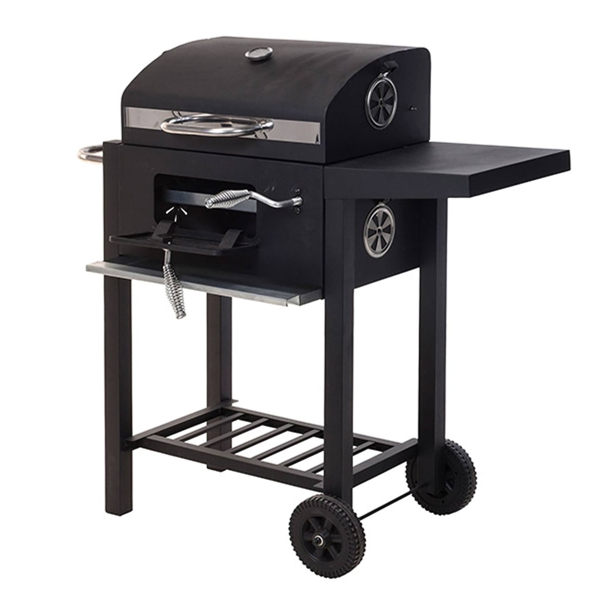 WellHome - Zwarte houtskoolbarbecue met dubbele grill en bijzettafel van 96 cm