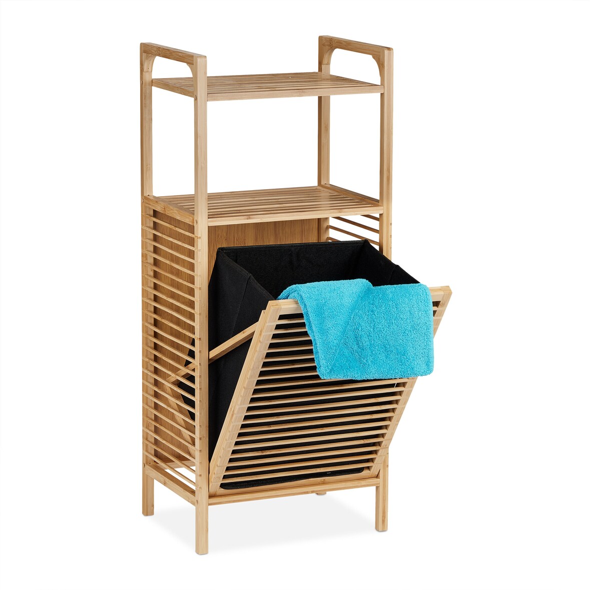 Relaxdays Badregal mit Wäschekorb, 2 Ablagen, HBT: 95 x 40 x 30 cm, Wäschesammler kippbar, Bambus, Stoff, natur/schwarz