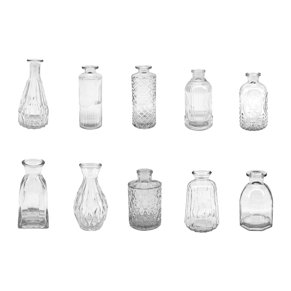 Relaxdays Vasen 10er Set, strukturiert, Vintage-Design, Glas, H: 10–14,7 cm, kleine Dekovasen für Tischdeko, transparent