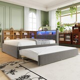 thumbnail of Schlafsofa 140x200 ausziehbar 90x190 mit LED-Beleuchtung, USB/Type-C-Anschlüssen und Stauraum – modernes Flanell Dunkelgrau
