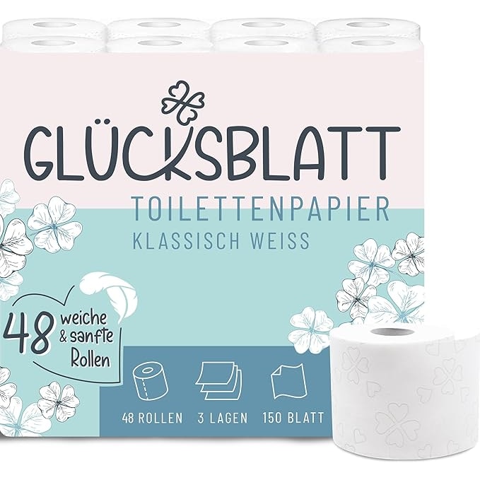 Toilettenpapier KLASSISCH WEISS, 3-lagig, 48 Rollen x 150 Blatt, 100% Zellstoff, weiches Klopapier mit Glücks-Prägung