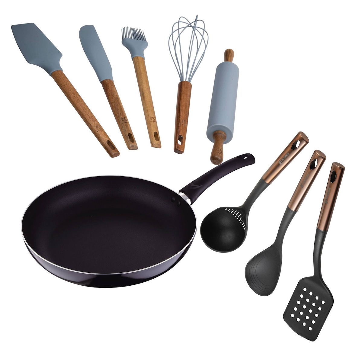 Chef sauce PIXEL - Sartén Ø24x4,5cm en Aluminio Prensado con Set de 3 Utensilios de Cocina en PBT y 5 Utensilios en Silicona