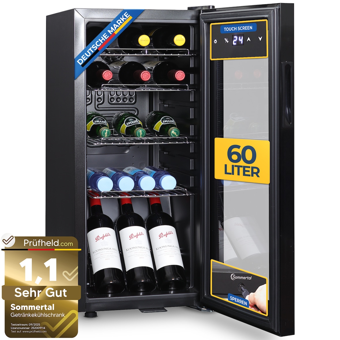 Sommertal Kühlschrank GK 60– Leiser Getränkekühlschrank mit LED, Touchscreen & Schloss kleiner Flaschenkühlschrank schwarz 60L