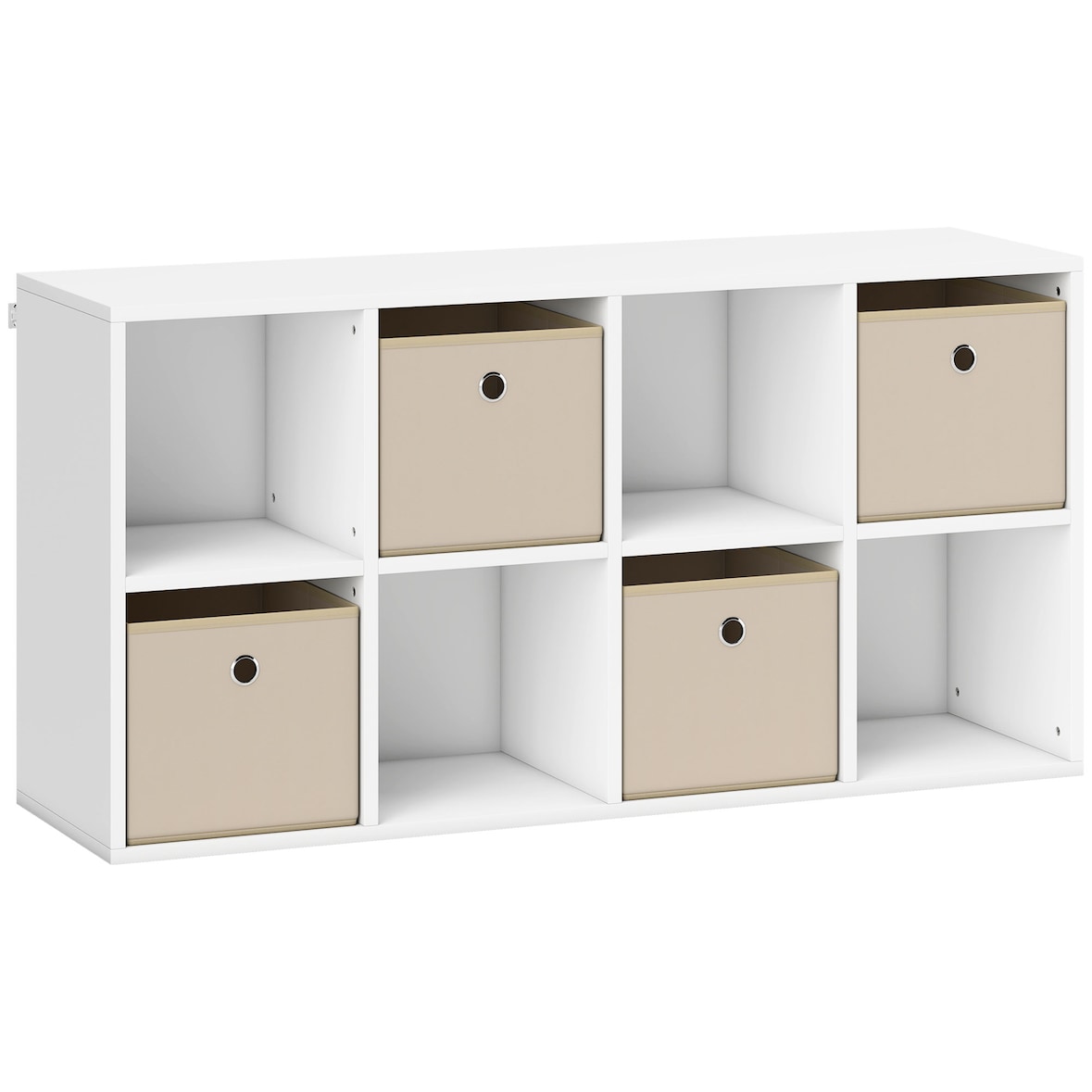 Bücherregal 8 Fächer 4 Stoffschubladen horizontal/vertikal 105,9x30x53,7cm/Weiß und Beige