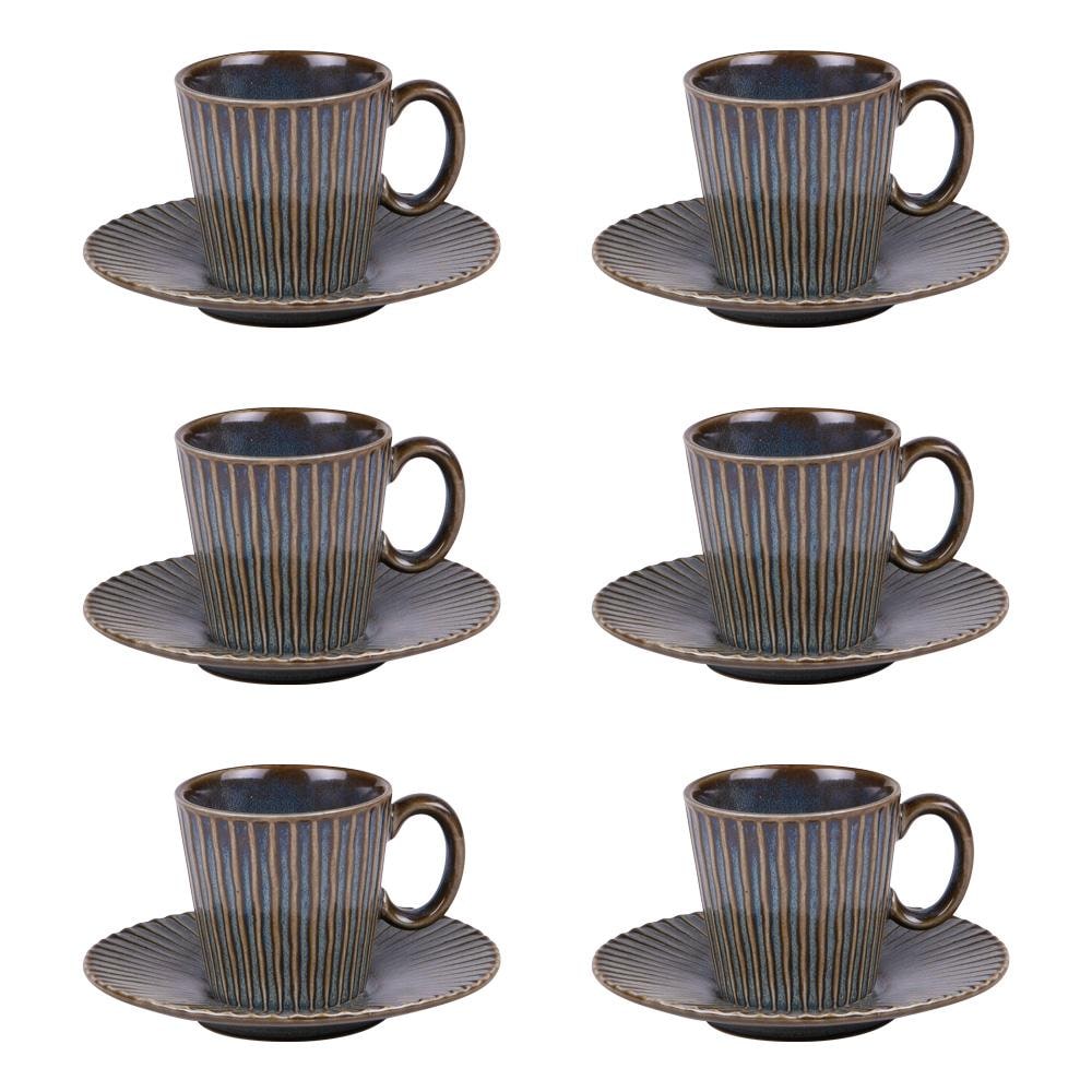 Coffret de 6 tasses à café avec sous tasses Liv bleu 9 cl -  Rond Porcelaine Table Passion 9.00x6.00 cm