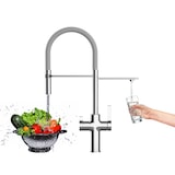 thumbnail of Niederdruck 3 Wege Wasserhahn Küchenarmatur Spültischmischer FC, Verchromt, mit 360° schwenkbarem Grau Auslauf und abnehmbare 2 strahl Handbrause