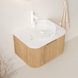 thumbnail of Hängender Badezimmer-Waschtisch 48×61×48 cm mit Rundem Kristallglasbecken in Carrara Weiß und Sperrholzschrank