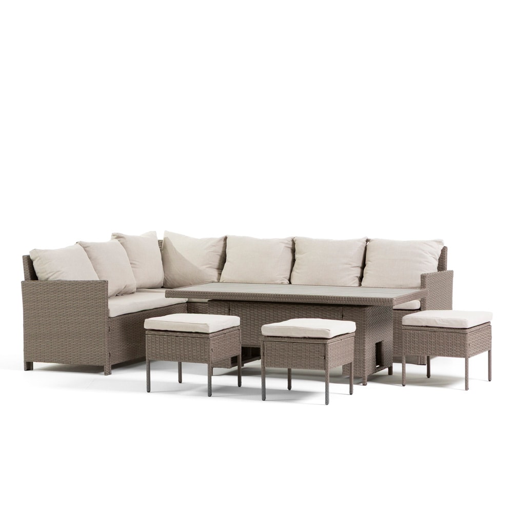 Set pranzo da giardino in polirattan con divano angolare, 3 pouf e tavolo regolabile 144x64 cm, design elegante per giardino e terrazzo - NOTO