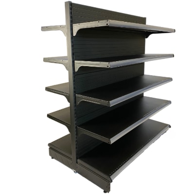 EUROP'METAL Gondole Centrale SUITE (Double Face) Noir H.164xP.30xL.100cm Base + 4 Tablettes supérieures et porte étiquettes G10PROF300N