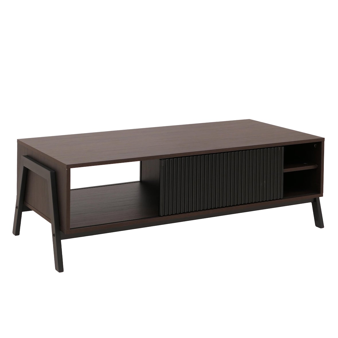Couchtisch HWC-O40, Wohnzimmertisch Sofatisch, Staufächer Schiebetür MDF Metall Melamin 42x120x60cm ~ Walnuss-Optik
