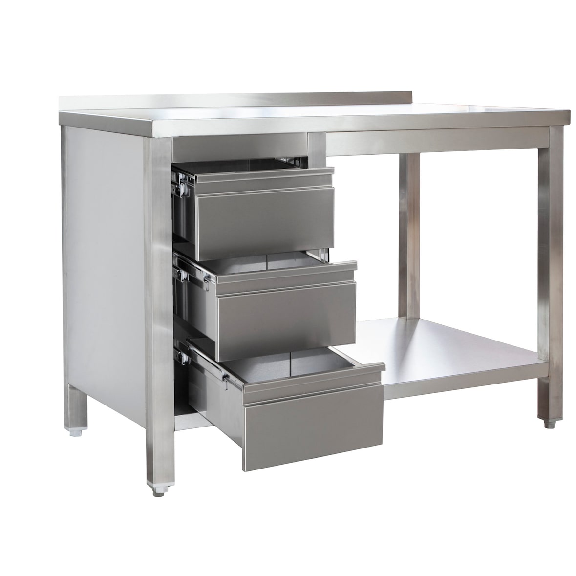 Edelstahl Arbeitstisch mit Aufkantung und Schubladenblock links verschweißt  Bautiefe 700mm  mit Grundboden  AISI 304