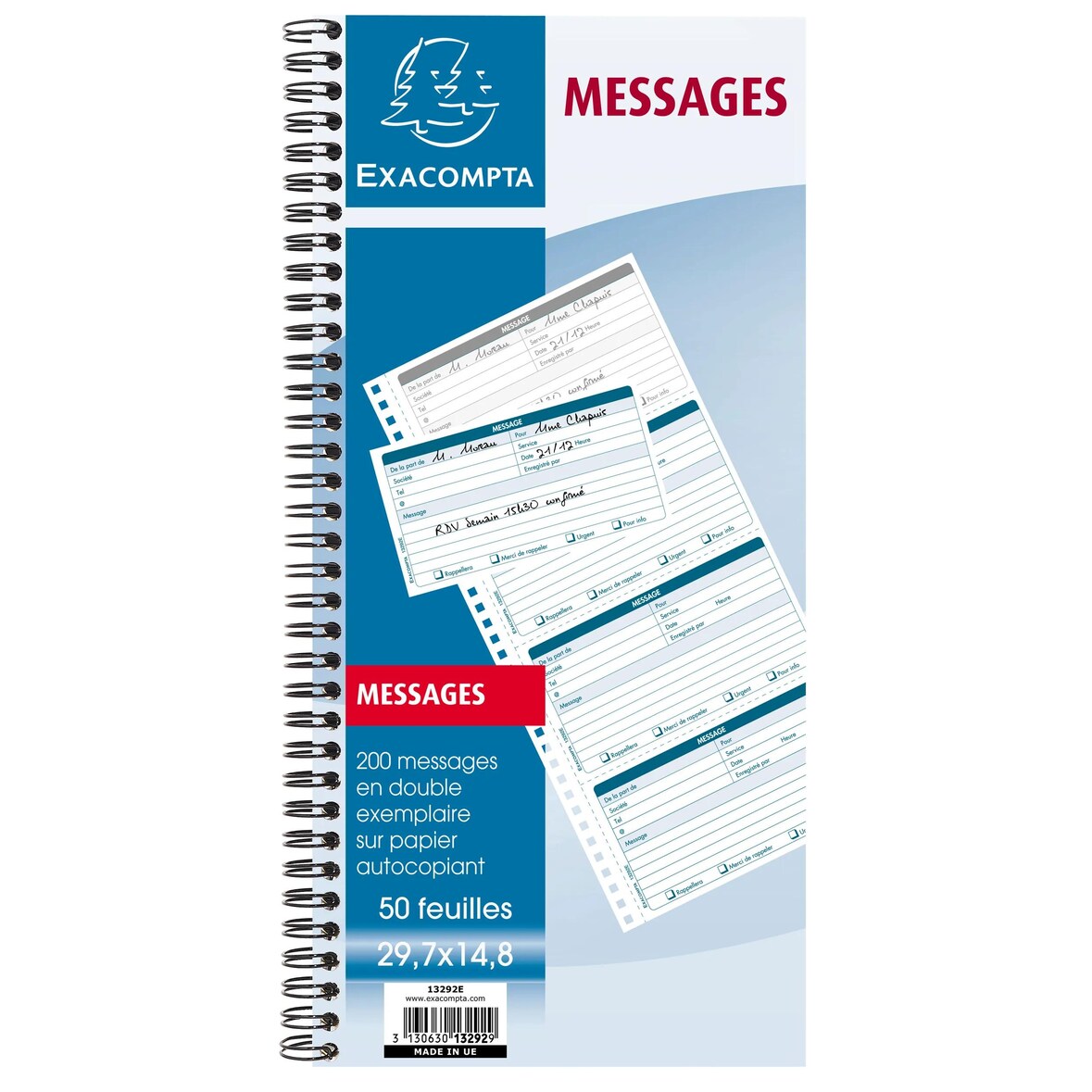 Exacompta - Réf. 13292E - Carton de 5 Carnets spiralés 29,7x14,8cm - Messages téléphones (4 à la page) - 50 feuilles dupli autocopiantes