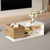 thumbnail of LED-Couchtisch mit Stauraum, Hochglanz-Oberfläche und Glas, App-gesteuerte 29 LED-Modi, 105x50x36 cm, modernes Design in Weiß + Holzfarbe