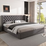 thumbnail of Chesterfield Stil Samt Polsterbett 180x200 mit Hydraulikbettkasten hohem Kopfteil Veloursstoff inklusive Lattenrost Grau