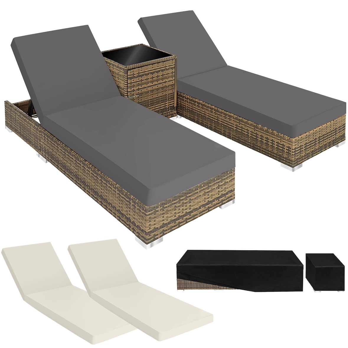 tectake Lot de 2 bains de soleil en rotin et aluminium avec table et housse de protection - marron naturel - 403771