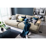 thumbnail of Sofá grande KAWOLA MADELINE con bandeja de madera natural para reposabrazos, tela de color blanco crema