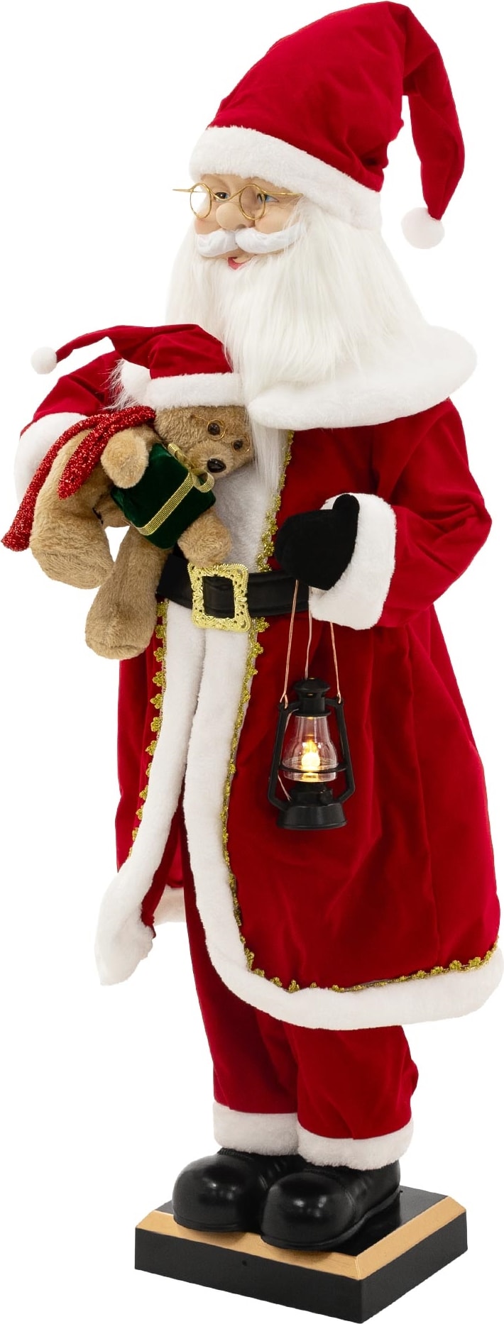 ECD Germany Weihnachtsmann Dekofigur 120 cm mit LED, Bewegung, Sound, Musik, Weihnachtsdekoration mit Laterne, Teddybär, Festliche Weihnachtsfigur