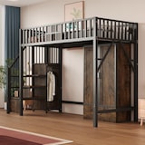 thumbnail of Metall-Hochbett 90x200 cm in Schwarz mit modernem Geländerdesign, integrierter Leiter und großzügigem Stauraum mit Kleiderschrank und Schubladen
