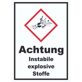 thumbnail of Schild Instabile explosive Stoffe Explosion hochkant A5 (148x210mm)