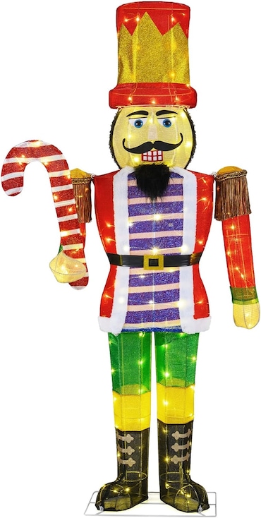 COSTWAY Figura grande de quebra-nozes de Natal com 170 cm, decoração de Natal iluminada com bastão de doces