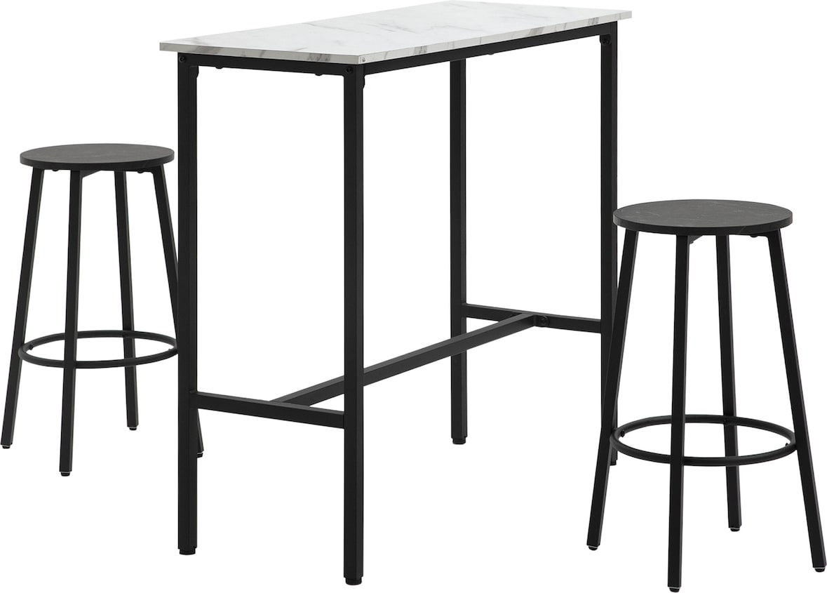 Bartisch Set mit 2 Barhockern Weiß 100x40x90 cm, Tischplatte in Marmoroptik, Stahlrahmen pulverbeschichtet, verstellbare Füße